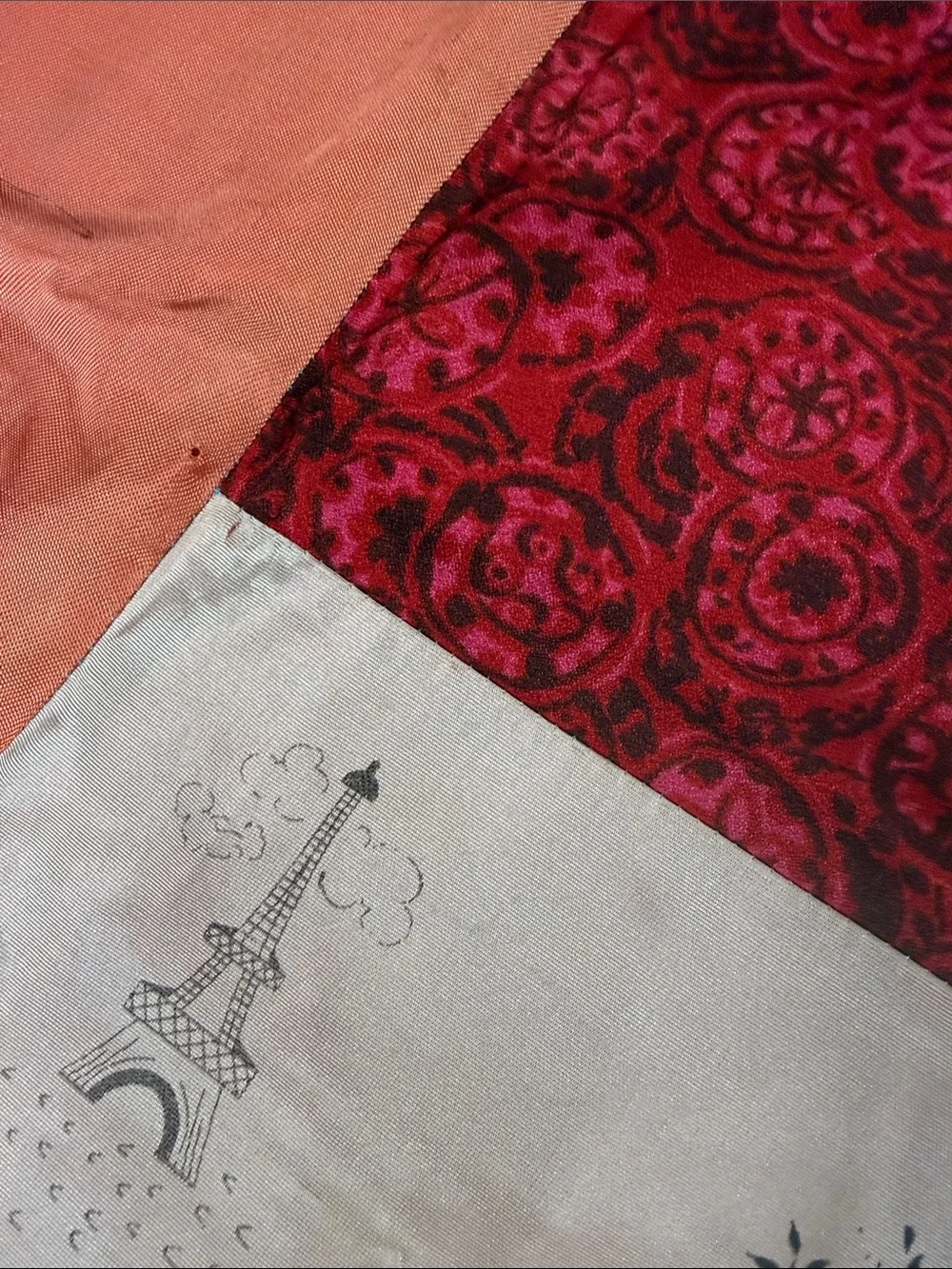 Antique red silk satin specialty fabric patchwork crazy quilt 43” x 64” yarn tie
